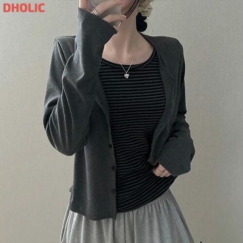 ボーダーレイヤードカーディガン風Tシャツ