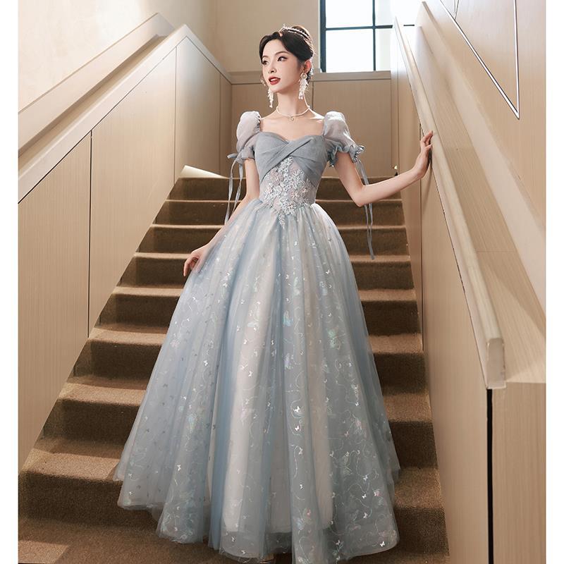2024パーティドレスブルーフランピースドーパミン韓国ファッション卒業式結婚式誕生日演奏会花嫁司会