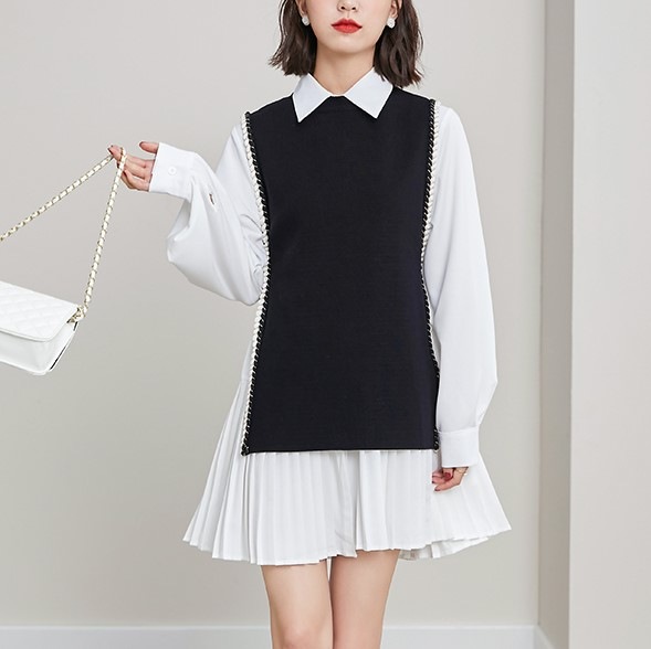 ニットベスト付き プリーツシャツ ワンピース Aライン カジュアル 普段使い ワンピ クルーネック