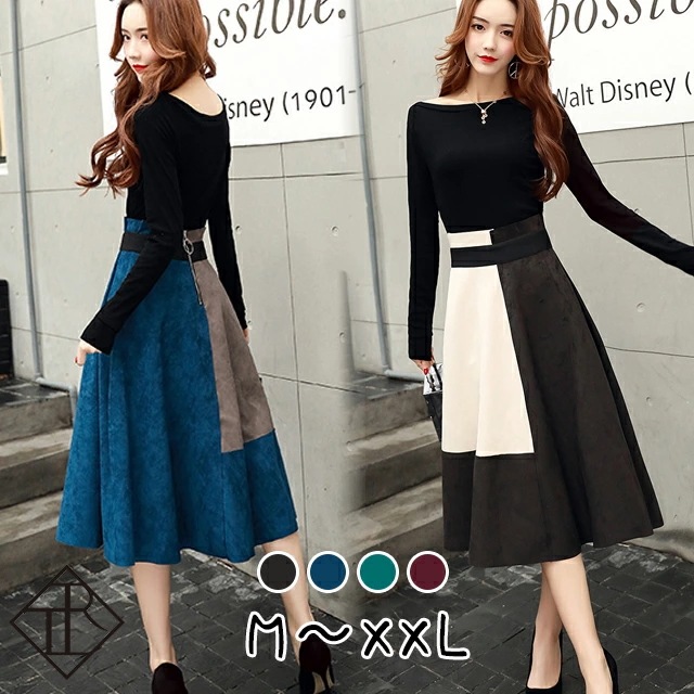 【即納】セットアップ レディース スカート トップス 秋冬 ワンピース 大きいサイズ ひざ下丈 ミモレ丈 エレガント クルーネック 切り替え ウエストマーク すっきり 痩せて見える キレイめ お出かけ