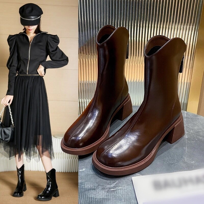 【急速出荷!】ブーツ 太ヒール ソフトレザー 後ろファスナー 6CMヒール ショートブーツ PUレザー レディース ブーツ