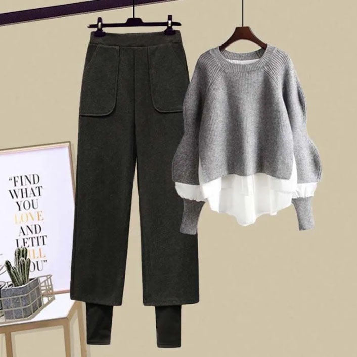 【大人気】 一番人気 配色 ラウンドネックトップス+ ハイウエスト M-4XL パンツ レディース セットアップセットアップ