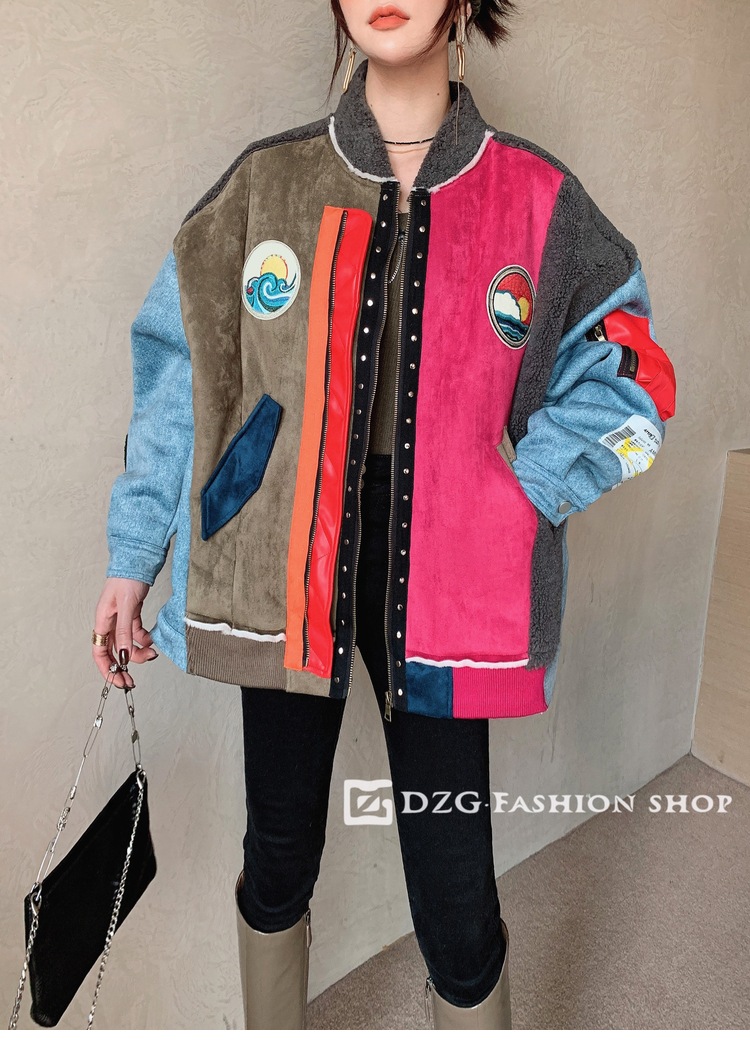 異素材MIXジャケット ボアジャケット デニムジャケット ウールコート トリコロールカラー ジャケット ブルゾン 厚手 ジャンパー コート レディース カジュアル ルーズ アメカジコーデ ストリート