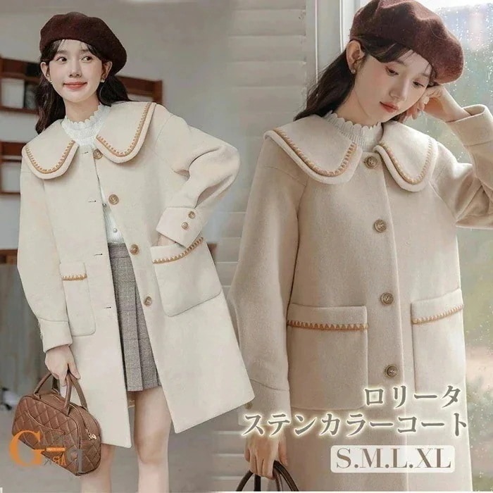 ステンカラーコート ロリータ 冬服 リボン レディース ジャケット ミディアムコート ベージュ S M L XL ロリータアウターアウター 可愛い ふんわり カジュアル大きいサイズ