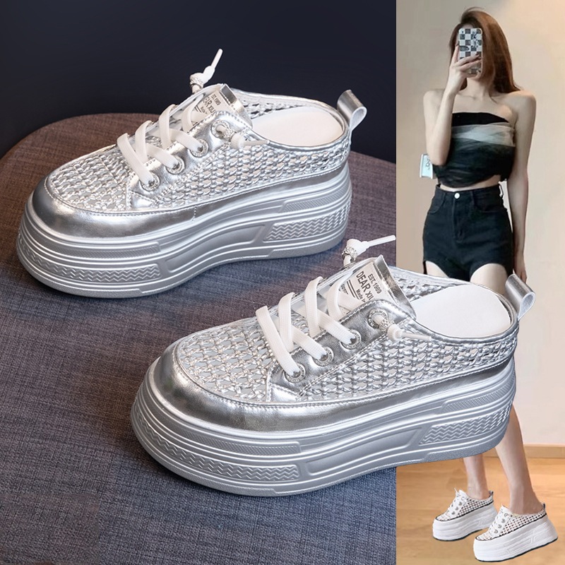 本革ハーフサポートホワイトシューズレディース2025年夏新作ラウンドトゥ厚底ハイカットソリッドカラー透明メッシュレディースカジュアル