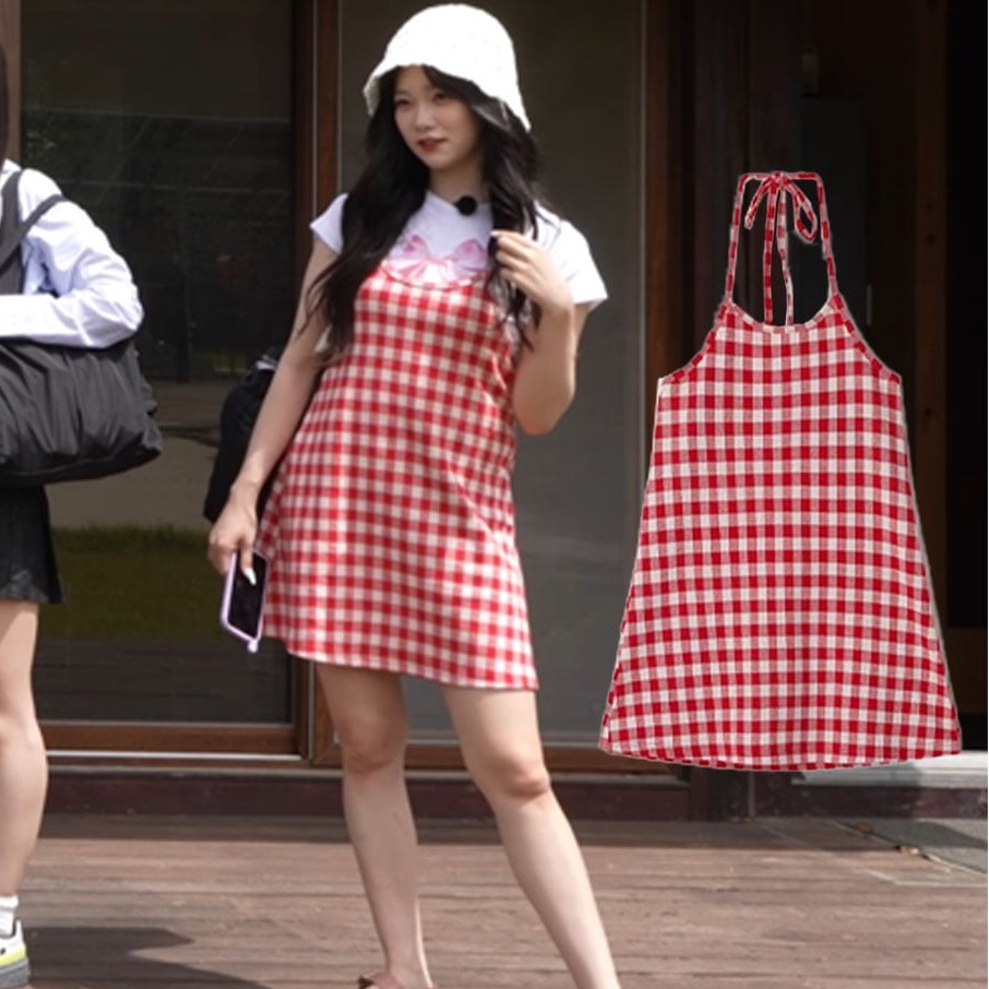 [BILLLIE TSUKI 着用!] GINGHAM HALTER NECK MINI DRESS RED