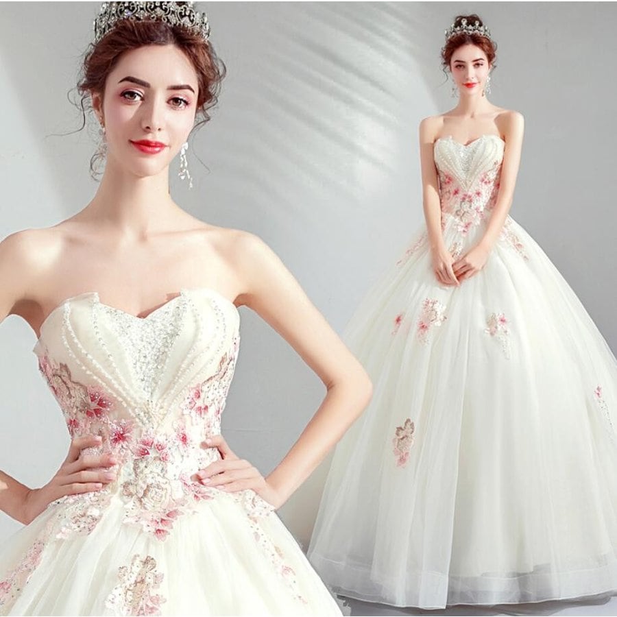 ウエディングドレス ベアトップ ロングドレス パーティードレス フォーマルドレス Aライン 上品 結