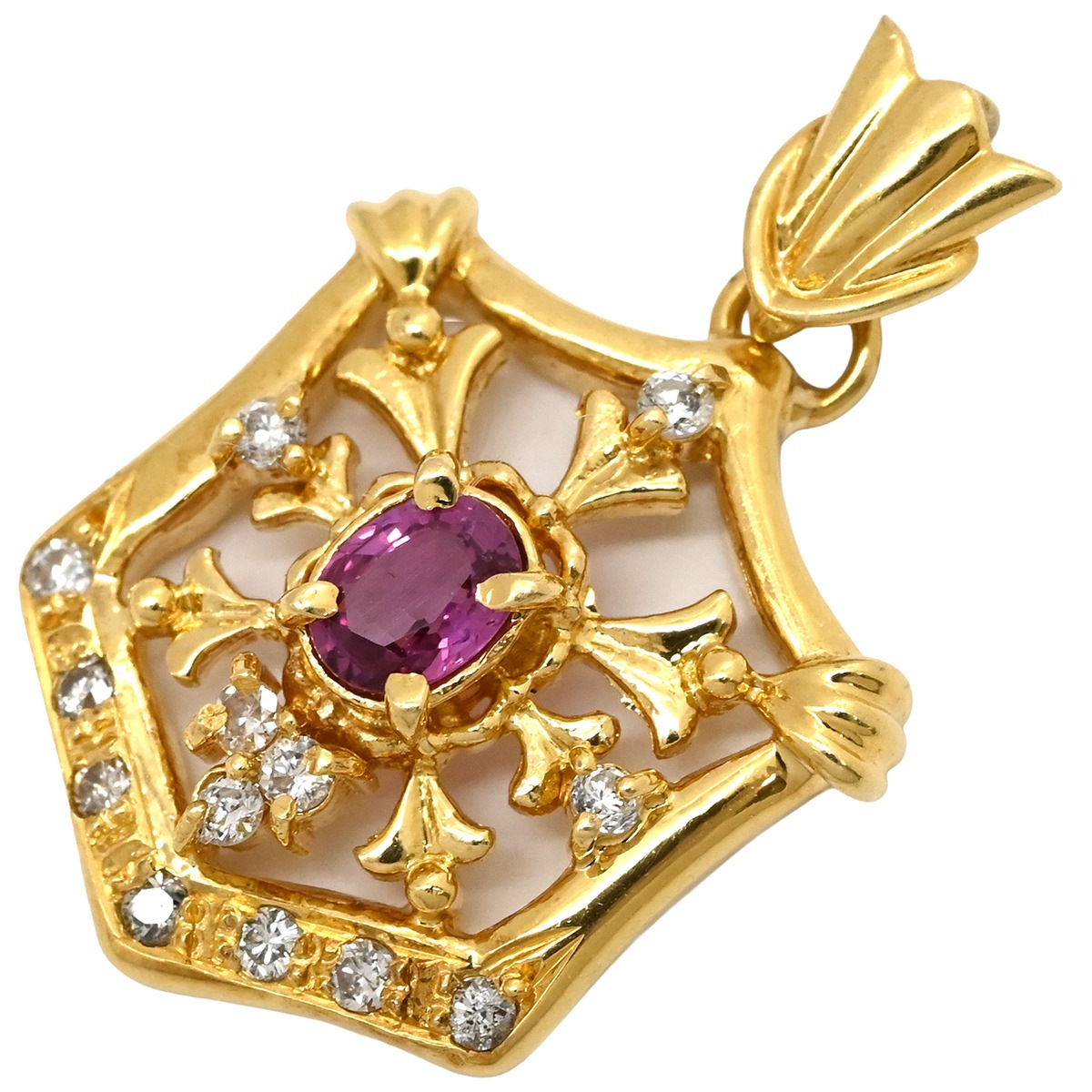 ペンダントトップ K18YG ダイヤモンド ルビー イエローゴールド Au750 18K 18金 ダイヤ ルビー ペンダントトップ エンブレムモチーフ 【中古】