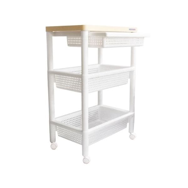 [3個セット] キャスター付きテーブルワゴン/マルチ収納棚 [ホワイト] 幅45.5cmx高さ70cm 引き出しバスケット/2段棚付き 木製天板