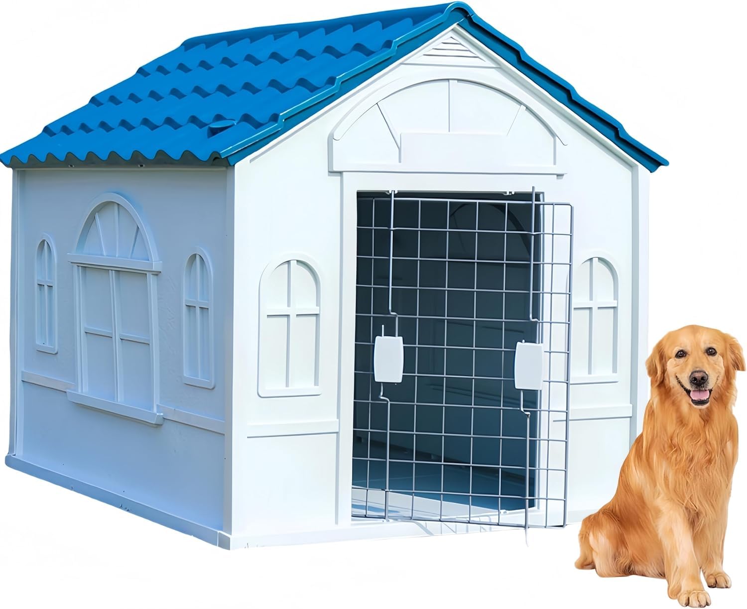 犬小屋 ドッグハウス ペットハウス L -98*84*82.5cm 屋根と鉄扉付き プラスチック 犬舎 通気性 防風 防雨 安定性と耐久性 組立簡単 水洗い 四季通用 小型犬 中型犬 大型犬用 家庭