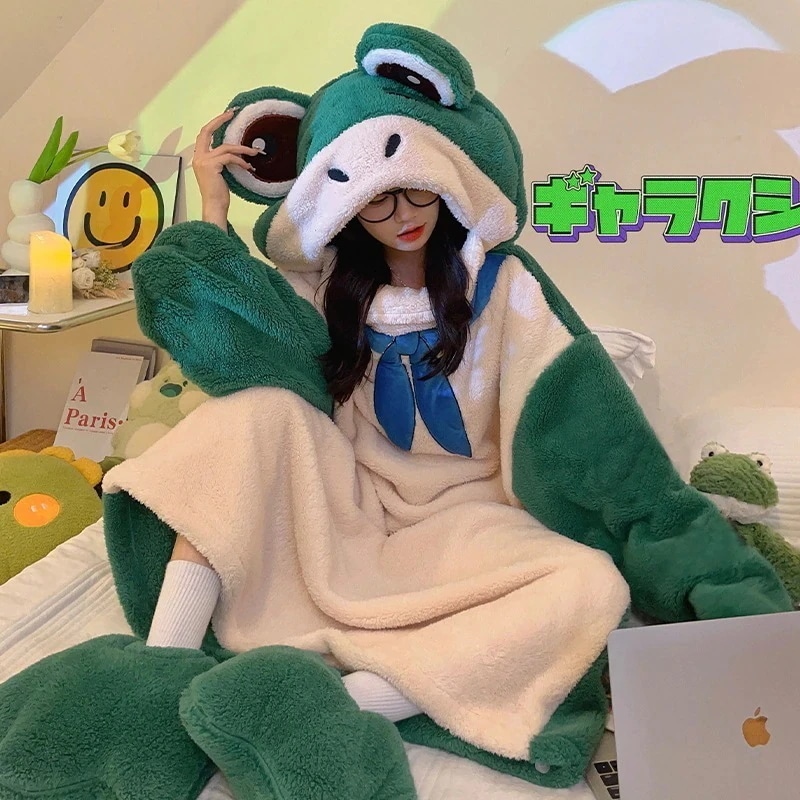 本日限定 秋冬 可愛い パジャマ レディース 着ぐるみパジャマ キャラクター 珊瑚絨毯 女 パジャマカエル連体 秋冬 女装 パーティー変な 連帽スリーパー