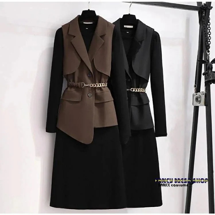 和服コスチュームコスチュームコーデ ベルト付き ぽっちゃリ 30代 服装 50代 【制服標準装備】卒業式 韓国 スーツ ママ ブラウン フォマールスーツ ワンピース 大きいサイズ セットアップ ベ