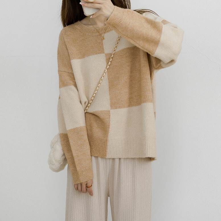 トップス ニット プルオーバー レディース 個性的 配色 長袖 チェック 柄 ラウンドネック 長袖 ドロップショルダー バイカラー 茶色 春 秋 冬 大人可愛い きれいめ カジュアル ナチュラル シン