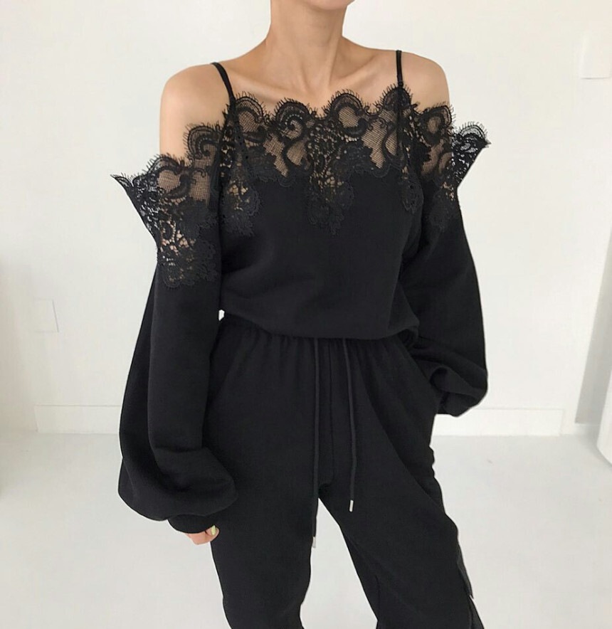 【送料無料】レディース オフショルダー レース 長袖 スウェット トップス ジムウェア