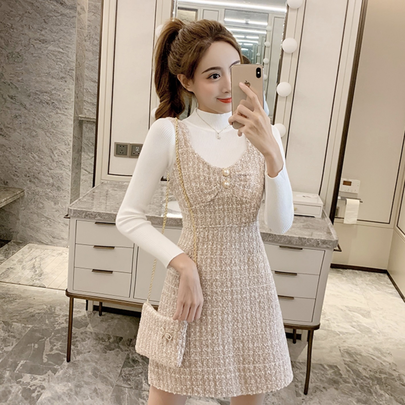 3点セット セットアップ レディース トップス S M L XL 韓国 ワンピース サロペット ジャンパースカート ミニ丈 ショート ノースリーブ 長袖 ハイネック スリム タイト 細身 Aライン