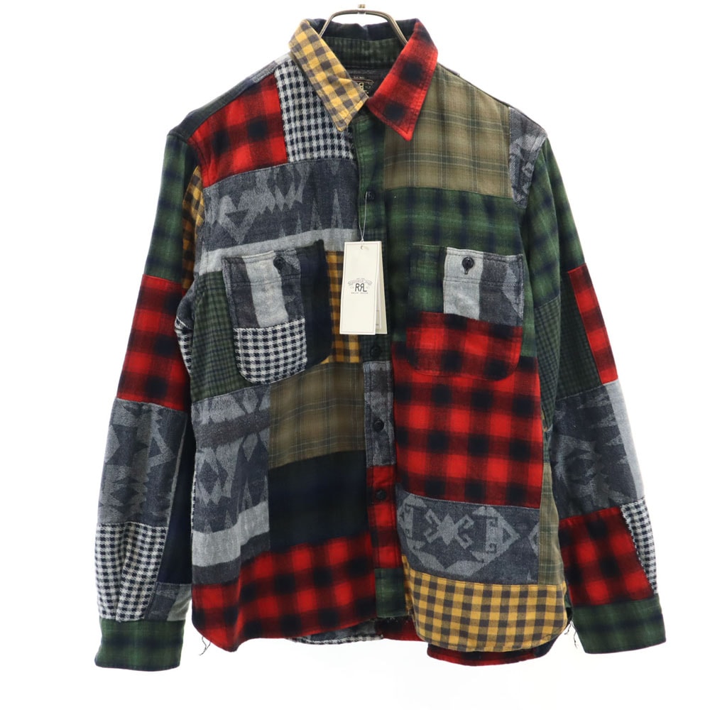 未使用 チェック柄 長袖 パッチワーク ネルシャツ 3 カーキ 他 クレイジーパターン レディース