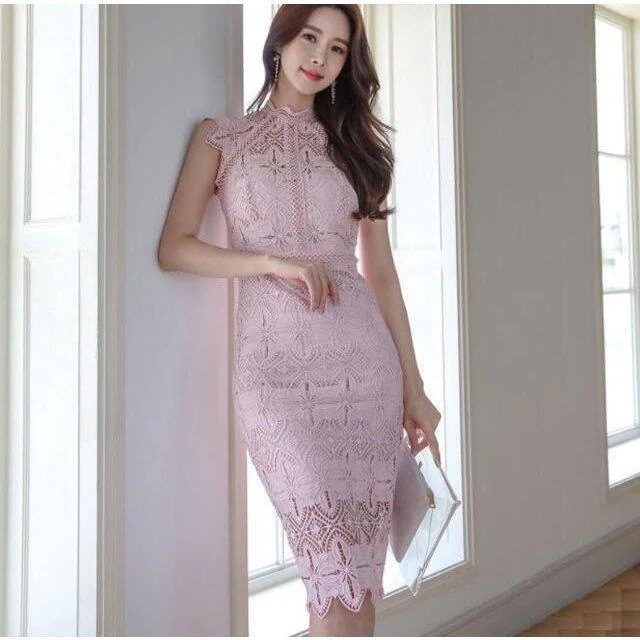 タイトワンピース 無地 ピンク レース 韓国風 上品 きれい ノースリーブ キャバ嬢 パーティードレス 二次会 着痩せ 通勤 OL 母の日 膝丈 30代40代50代