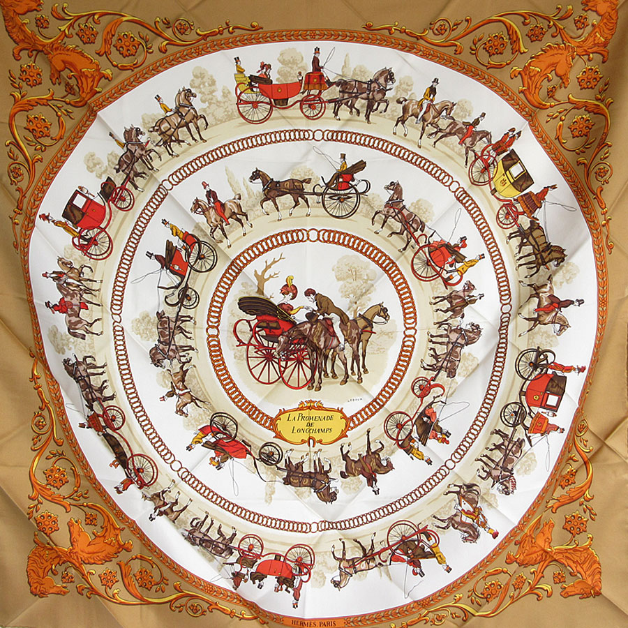 エルメス HERMES スカーフ カレ90 LA PROMENADE DE LONGCHAMPS シルク ブラウン/マルチカラー レディース s0592