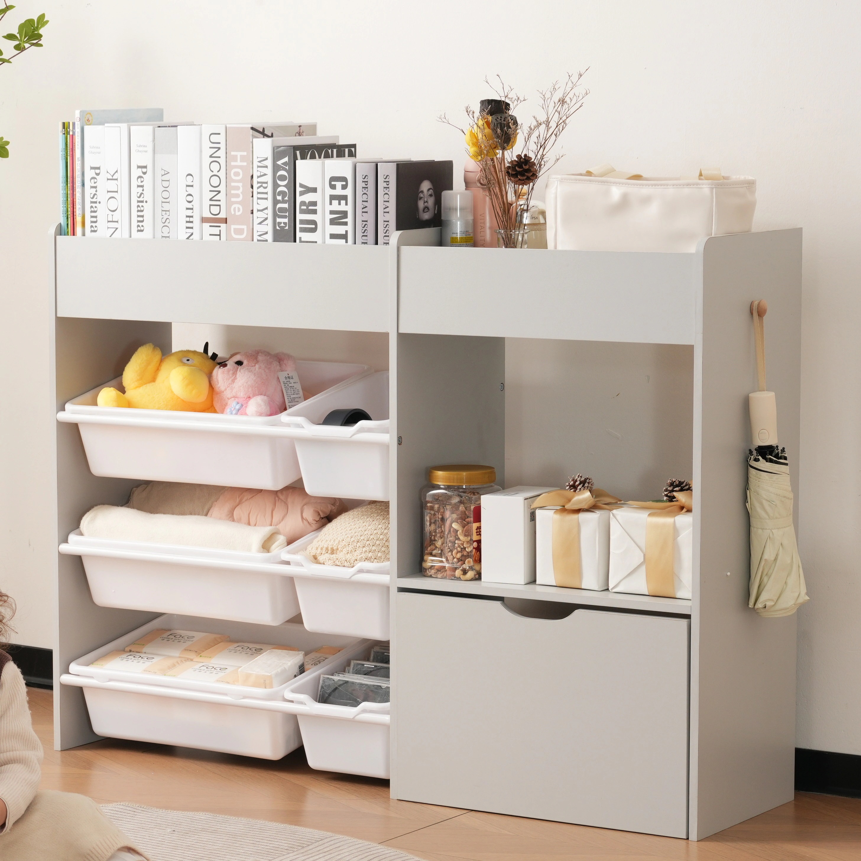 【安心保証】絵本棚 おもちゃ収納 ラック 幅109cm おもちゃ箱 おしゃれ ワゴン付き 大容量 組立カンタン 収納ラック おしゃれ 子ども 収納ボックス 木製 引き出し 玩具箱 ナチュラル 新生活