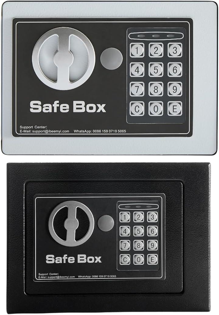 金庫 小型 家庭用 電子テンキー式 日本製 6L小型 safe 簡易 壁付け対応 ホテル金庫 防犯金庫 子供用・学生用 店舗用 緊急キー2本( White-Black, 6L)