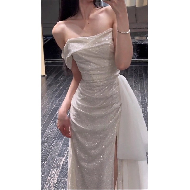 キラキラ イブニングドレス 高級感 宴会 上品 セレブ 誕生日 成人式 オフショルダー 新婦 婚約 ドレス