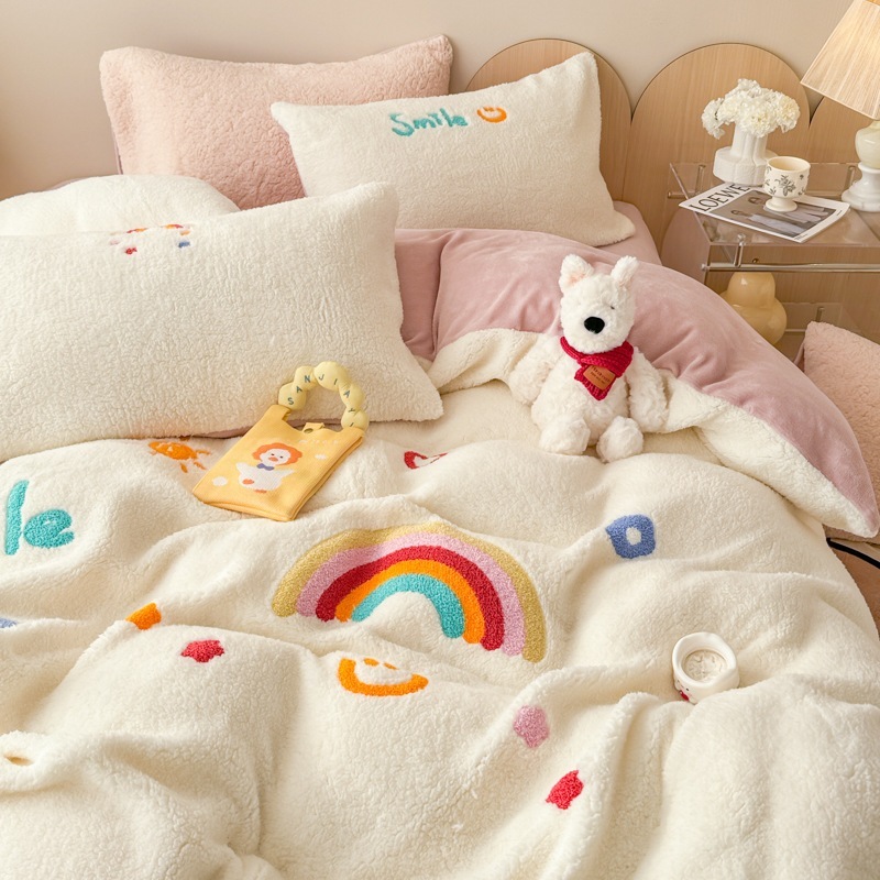 【急速出荷!】あったかラムミルクベルベットレインボー刺繍フレンチベルベット3・4点セット1.8枚ボックスシーツ掛け布団カバー1.5