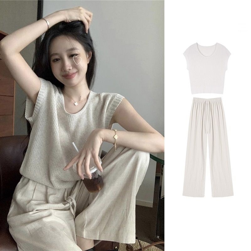 セットアップ夏の梨の形のスタイルに爆金街のカジュアルファッション港風トップスのワイドパンツ2枚セット女t