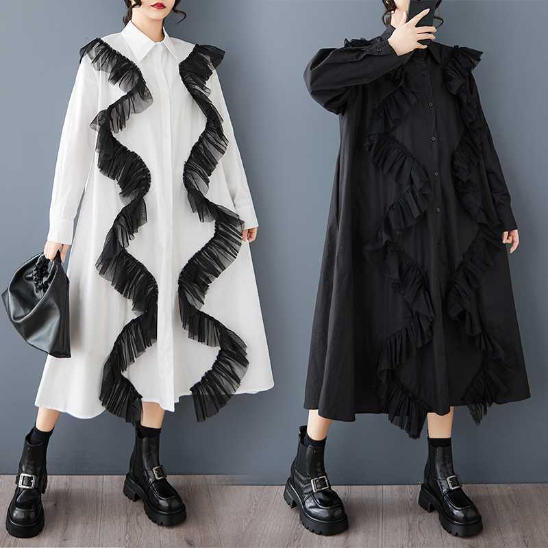 「ファットガール」 大きいサイズ チュールドッキング 長袖 2025秋新品 メガ割 レディース ワンピース ロングワンピース 体型カバー