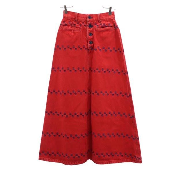 イチゴ総柄刺繍 デニム ロングスカート レッド ボタンフライ レディース