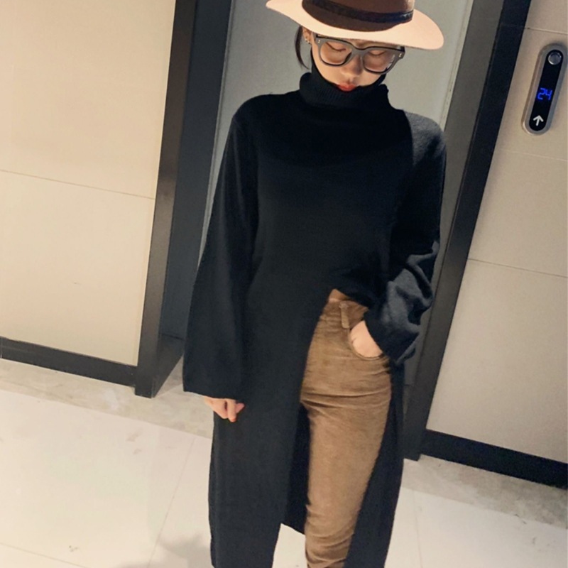 ロングニットワンピース ニットワンピース タートルネックワンピース ロング スリット 韓国 レディース オルチャン ロングニット 個性的 黒 ブラック グレー 着回し 秋冬 着やせ