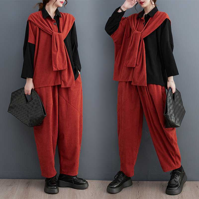 「ファットガール」 秋 上下セ今週の割引は 25% オフですット 飾りストール ドッキング トレーナー ワイドパンツ レディース セットアップ