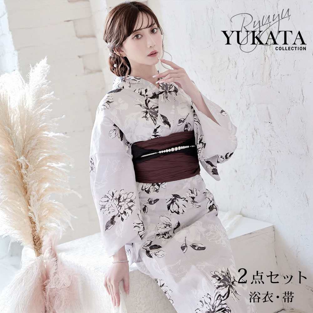 浴衣 ベージュ 花 2点セット きれい 上品 大人 かわいい 白 花火大会 女性用 Ryuyu