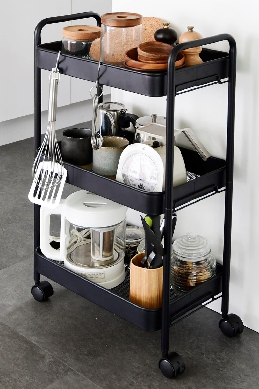 山善(YAMAZEN) キッチンワゴン (スリム) キャスター付き 3段 幅43.5×奥行26×高さ74.5cm ワゴン 組立かんたん ブラック LBW-3(MBK)