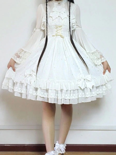 【全店任意2枚購入で100円OFF】甘いロリータ ドレス JSK 飛ぶ私ポラリスに白いシフォン ボー フリル レース ジャンパー スカートを