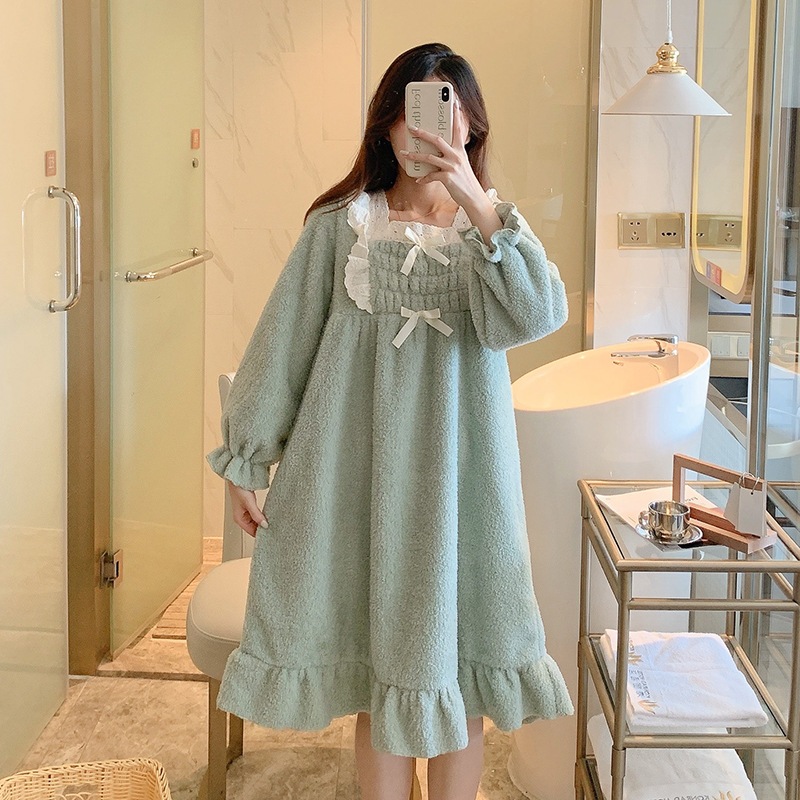 大きいサイズ パジャマ もこもこ 冬 秋冬 厚手暖かいナイトウェア レディース 長袖 上下セット ルームウェア 部屋着 寝間着 韓国寝スカート女の子サンゴの甘いかわいいプリンセス風宮廷長袴家居服少女