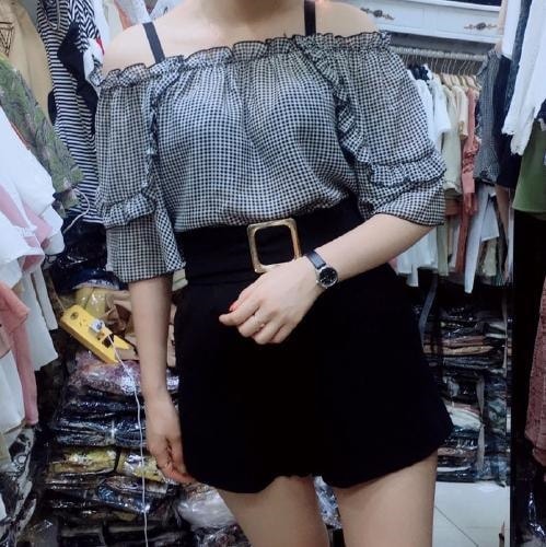 2144.ギンガムチェック オフショルダー トップス（ブラック）