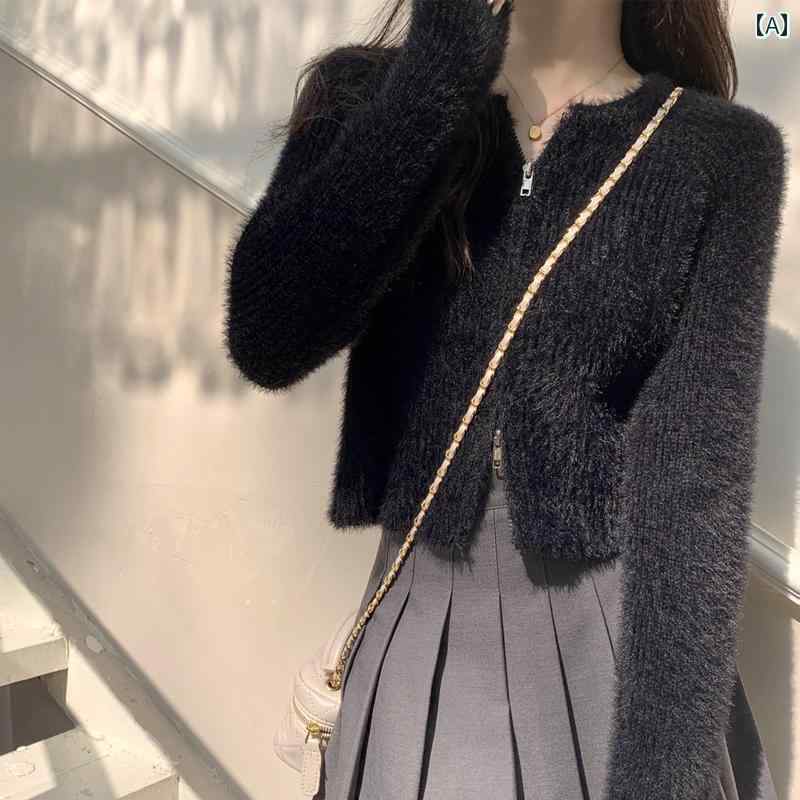 レディース ファッション トップス 女性用 に デザイン 個性的 ショート セーター セレブ ホット フェイクファー 裏地 長袖 ボトミング セーター