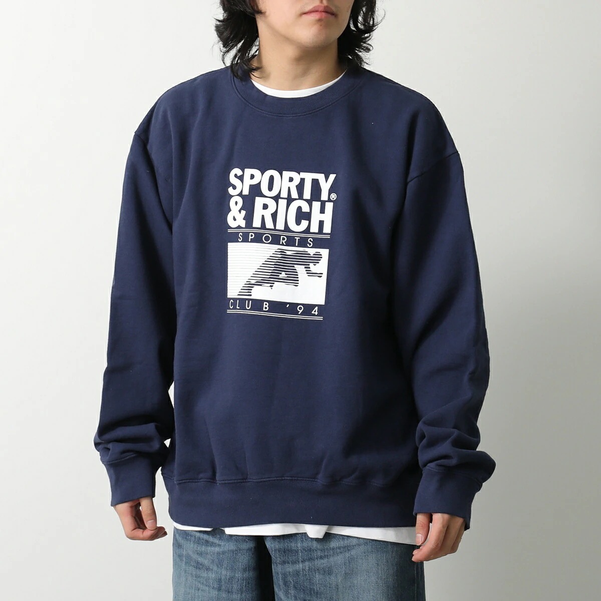 SPORTY＆RICH スポーティアンドリッチ トレーナー CR885 メンズ スウェット 裏起毛 ロゴ クルーネック NAVY