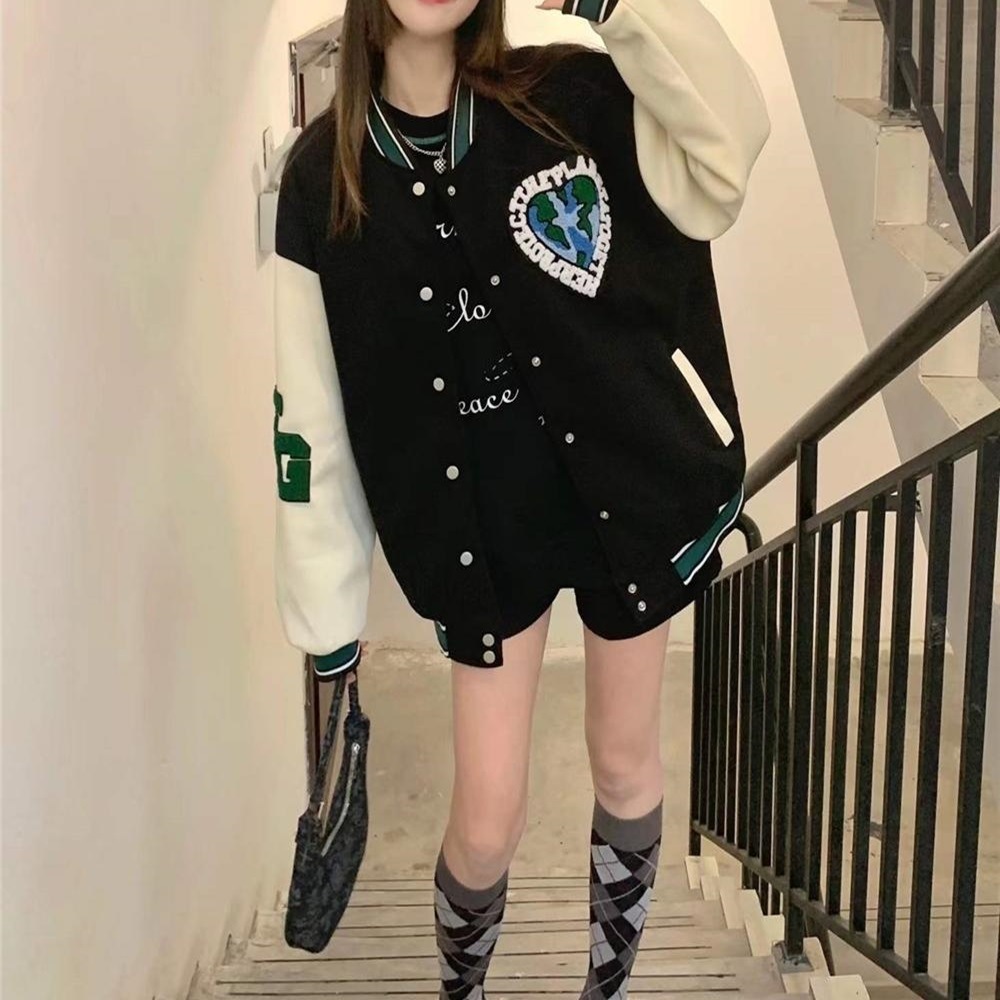 レディース ジャケット アウター 上着 羽織 前開き 長袖 襟なし ワイド 刺繍 バイカラー 配色 かわいい 大人可愛い カジュアル おしゃれ こなれ感 ラフ ボーイッシュ ガーリー ルーズ 個性的