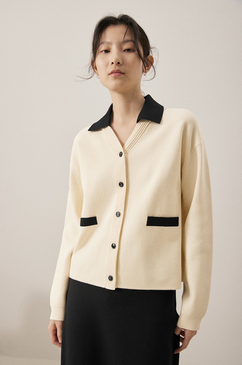 レディース エレガント カラーニット カーディガン レディース 秋 冬 ジャケット ドロップショルダー ベージュ ブラック XS S M L トップス 袖あり かわいい 大人可愛い きれいめ シンプル