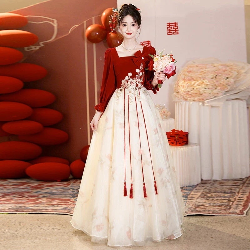 この価格はもう二度と！チャイナドレス ロング丈 マキシ丈 チャイナ ドレス 中国風結婚式 花嫁ドレス 七分袖 改良中華ドレス ワインレッド 前撮り 中国風ウェディングドレス 中華服 チャイナ服 中華