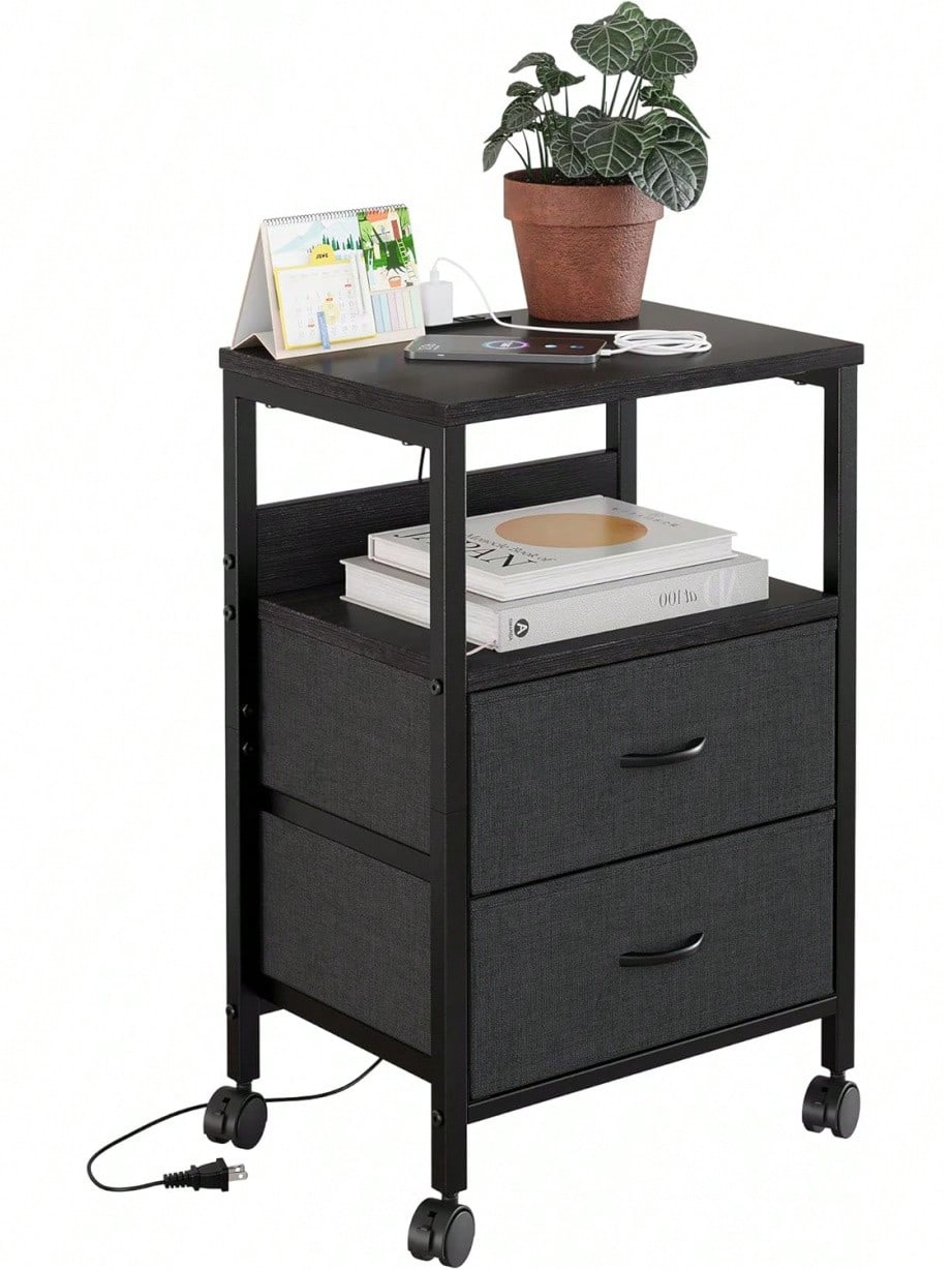 Fly-CTsoar サイドテーブル キャスター付き ナイトテーブル 2つ引き出し付きのベッドサイド テーブル コンセント付き 可移動ナイトテーブル ベッド横 テーブル 北欧 洋服 タンス 天板付き