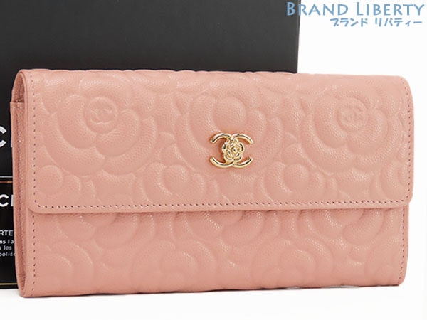 新品同様シャネルカメリアキャビアスキンココマーク二つ折り長財布ピンクゴールド金具グレインドカーフスキンA82283