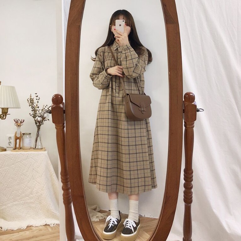 ワンピース シャツワンピース 膝下 ミモレ ミモレ丈 襟付き スタンダードカラー レギュラーカラー ポロカラー 長袖 Aライン ワイド ボタン キュート かわいい ガーリー 大人可愛い 大人女子