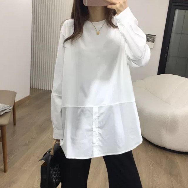 オーバーサイズ レイヤード風 シャツ生地切替え トップス プルオーバー Tシャツ 膝上 ミディアム丈 チュニック丈 長袖 ドロップショルダー 襟なし クルーネック 切り替えデザイン 異素材MIX