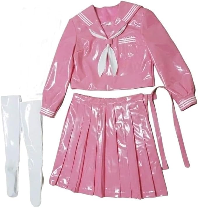 ピンク長袖セーラー服レオタード/光沢サテン コスプレ衣装