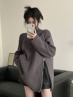 ハイネック ファスナー 厚手 保温 レディース セーター 怠惰な風 ゆったり ギャル デザインセンス ニット トップス