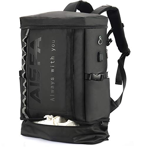 [AISFA] リュック メンズ リュックサック スクエア バックパック 防水17インチ PC ビジネス ラップトップバック USB充電ポート付き 30L アウトドア旅行防災 通勤 靴/弁当収納(ブラ