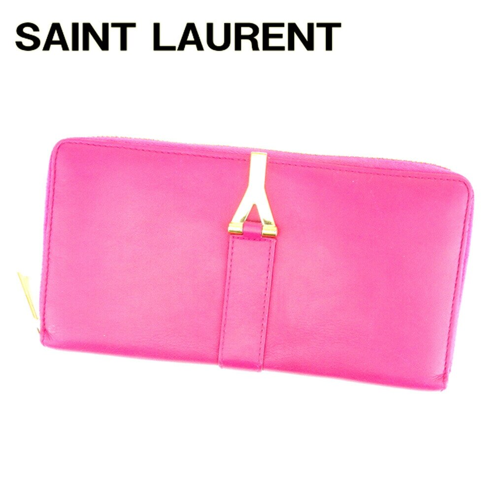 長財布 財布 ラウンドファスナー Yライン ピンク ゴールド 中古