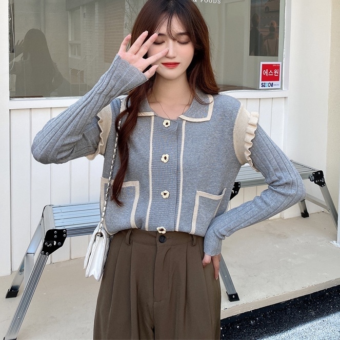 トップス セーター カーディガン 長袖 フリル かわいい 大人可愛い 大人 上品 おしゃれ お洒落